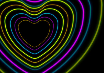 Colorful neon shiny hearts abstract holiday background. St Valentines Day glowing vector greeting design