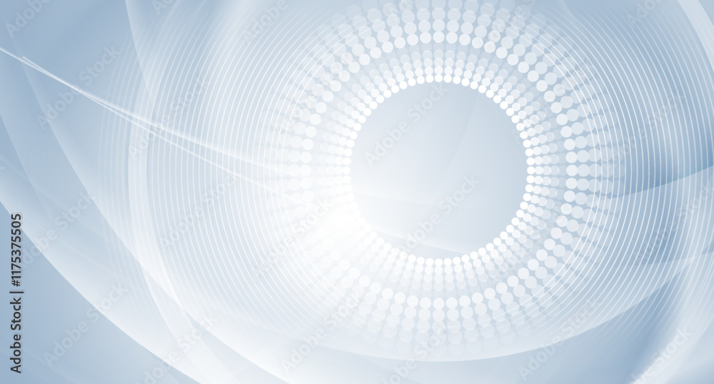 Poster Blue shiny abstract minimal geometric background with waves and halftone circles. Vector tech design