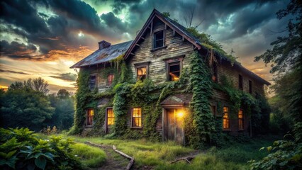 Obraz premium Vines crawl, broken windows gape, in this eerie abandoned mansion, a long-exposure ghost photo waits.