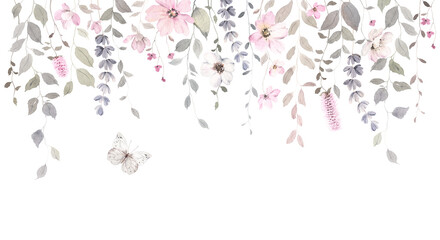 Floral watercolor background of border with abstract hanging flowers, buds, leaves on branches and flying butterfly. Floral design card in vintage style for wallpapers, invitation or greeting cards.