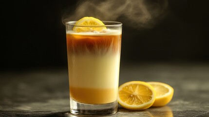 Layered iced coffee lemonade in a tall glass, with steam rising in the background, creating a contrast of warmth and chill.