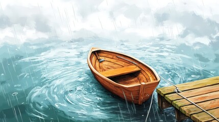 Obraz premium Wooden Rowboat Moored at a Dock in the Rain