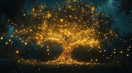 an image of a tree lit up at night with stars in the sky above it