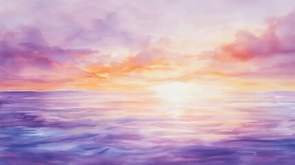 Serene Sunset over the Ocean: A Watercolor Painting