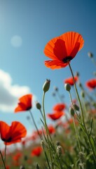 A field of striking red poppies stands tall against a bright blue sky, capturing the essence of natures beauty. The delicate petals dance in the wind, while a budding flower hints at new beginnings