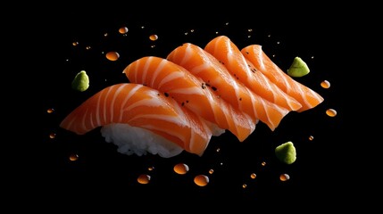 Perfectly cut salmon sashimi slices placed on a black background, surrounded by drops of soy sauce and a touch of wasabi.