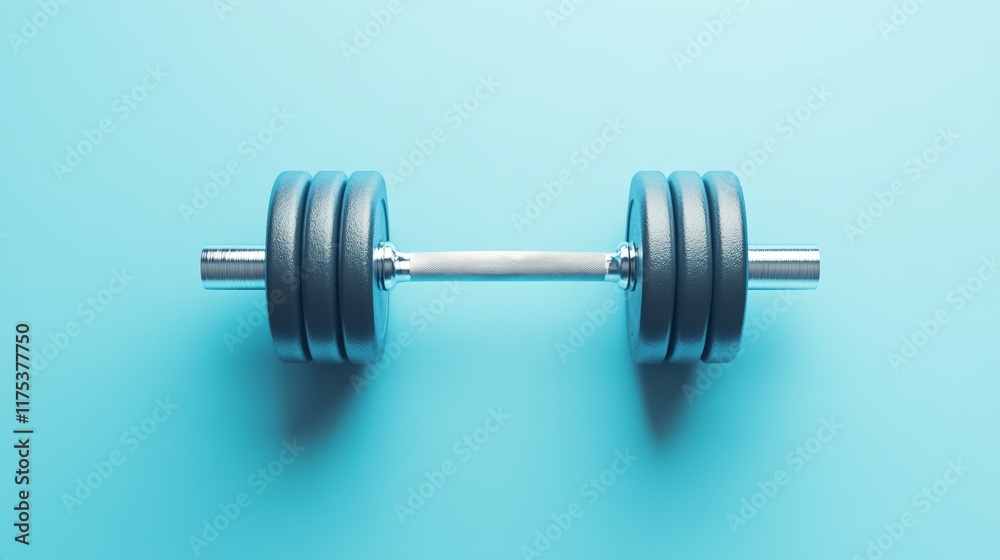 Poster single dumbbell is lying horizontally on a vibrant blue background, creating a striking visual repre