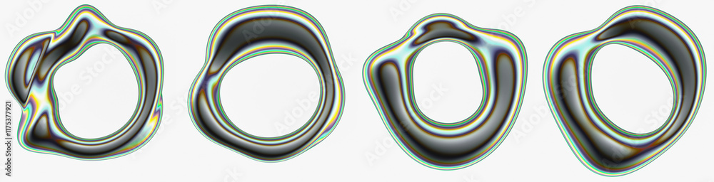 Poster set of glitched holographic 3d objects. bold bright illustration of abstract chrome rings for partie