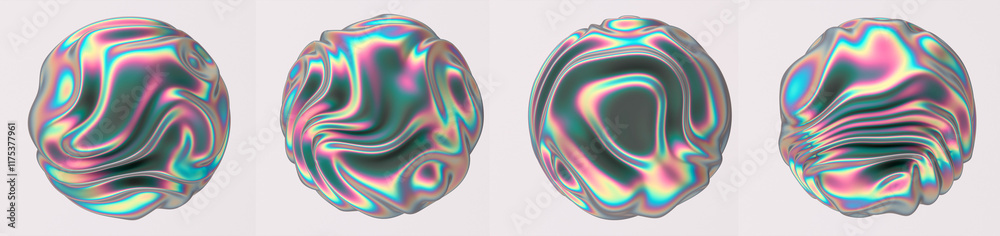 Poster Set of glitched holographic 3D spheres and blobs with ripples. Bold brightly colored illustrations in futuristic surreal style.