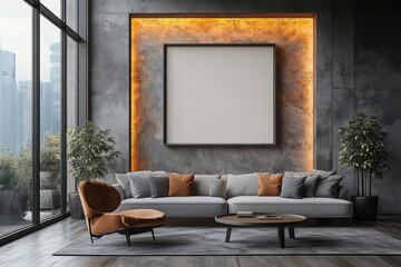 Obraz premium contemporary dining room featuring an empty frame on a softly lit wall emphasizing minimalism and spatial elegance in modern design