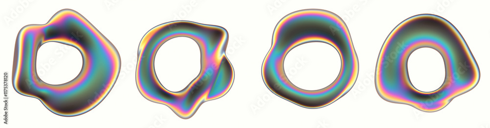 Poster set of glitched holographic 3d objects. bold bright illustration of abstract chrome rings for partie