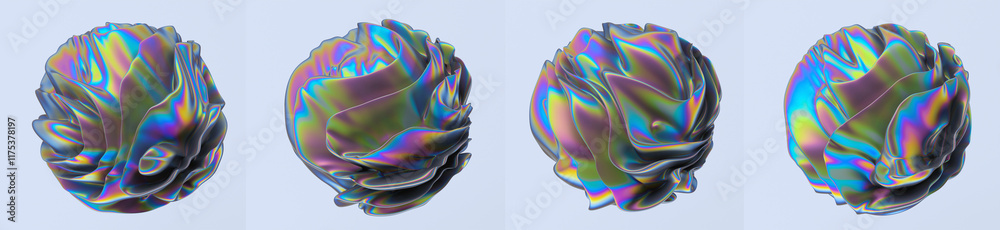 Poster Set of glitched holographic 3D spheres and blobs with ripples. Bold brightly colored illustrations for parties and art themes.