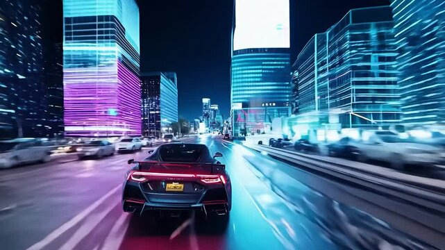 A fast flight through a modern city at night with lots of traffic and neon lights.