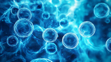 The image shows a microscopic view of blue cells floating in a dark, starry background, resembling a space scene.