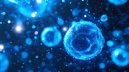Fototapeta premium The image shows a microscopic view of blue cells floating in a dark, starry background, resembling a space scene.