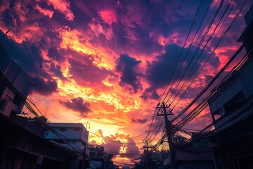 Fiery Sunset Hues Paint Cityscape, Power Lines Silhouette Vibrant Sky, Urban Landscape at Dusk