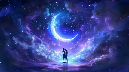 Fototapeta premium Enchanted Night: A Couple's Silhouette Underneath a Crescent Moon and Starry Sky