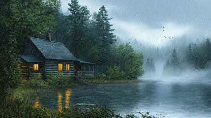 Obraz premium Lakeside Cabin Illuminated During a Rainy Night
