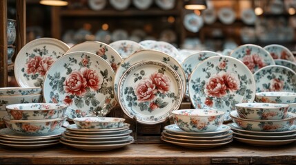 Fototapeta premium Floral patterned porcelain plates and bowls displayed on wooden surface.