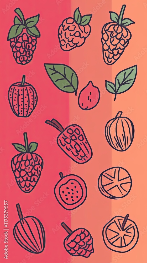 Poster colorful cartoon fruit patterns with minimal line art on a bright backdrop