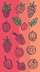 Colorful Cartoon Fruit Patterns With Minimal Line Art on a Bright Backdrop
