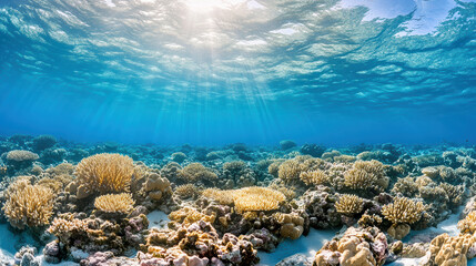 Fototapeta premium Vibrant coral reef with diverse marine life and sunlight filtering through water