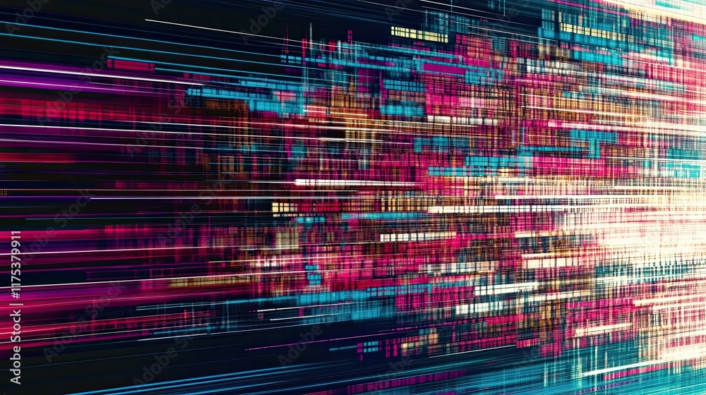 Poster Dynamic Glitch Art With Vibrant Horizontal Lines Creating a Futuristic Technology Background