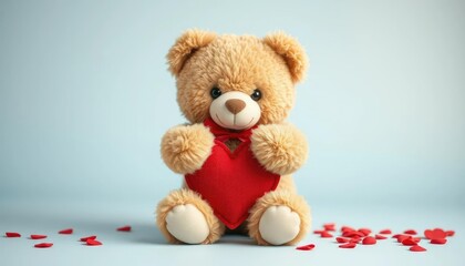 Obraz premium Teddy bear holding heart, simple studio backdrop, Valentine's Day