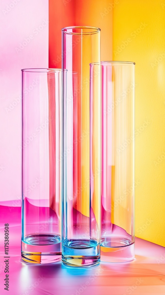 Poster Elegant Arrangement of Transparent Test Tubes Illuminated by Gradient Light in a Vibrant Setting