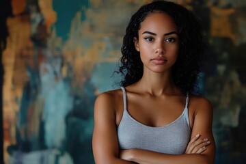 Naklejka premium Portrait of a determined woman with arms crossed, conveying focus and confidence