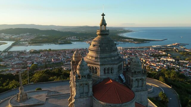 Basilica Santa Luzia at Sunrise. Viana do Castelo City, Portugal. Aerial View. Orbiting