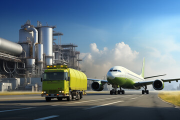 Truck and Airplane on Industrial Road with Factory Background Showcasing Transportation and Logistics Operations Under Clear Blue Sky