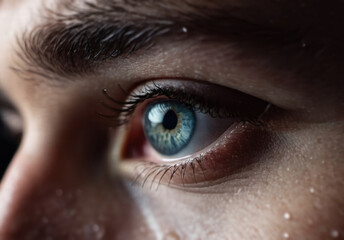 close up of eye. Male eye with long eyelashes close up. Close-up of one eye looking to the left. Person profile
