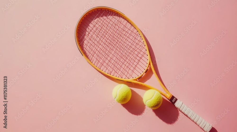 Poster yellow tennis racket and two balls casting a shadow on a vibrant pink surface, creating a dynamic co