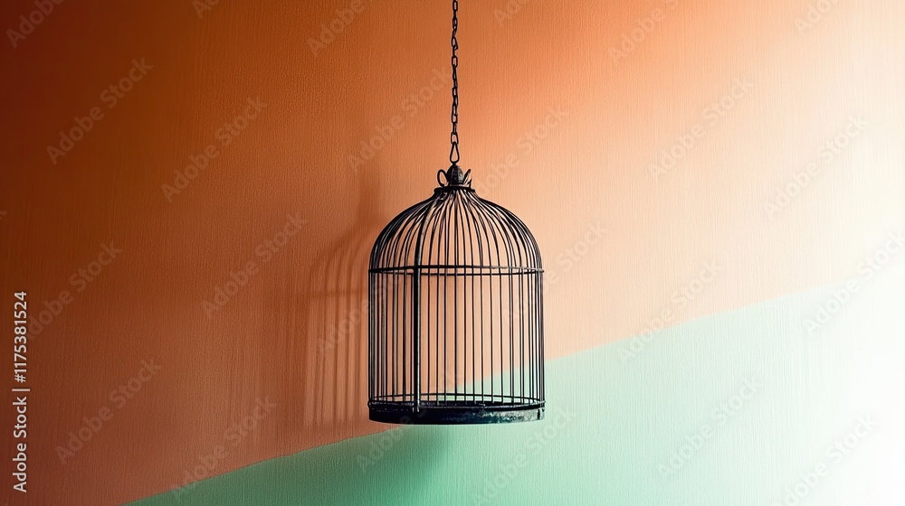 Poster minimalist birdcage resting with an open door against a soft pastel background inviting curiosity