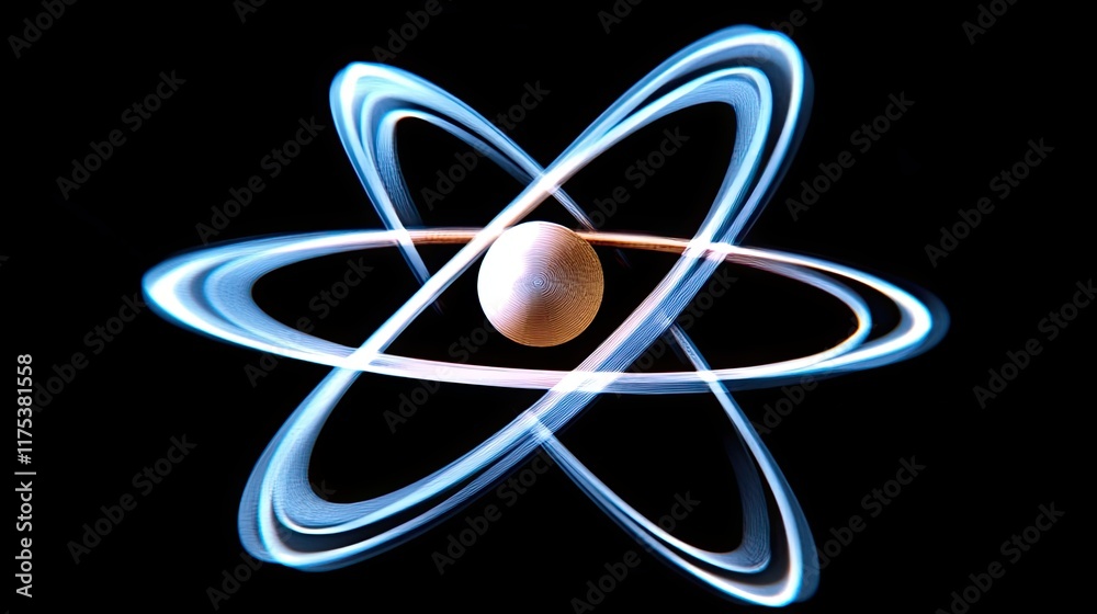 Poster depiction of a glowing atom with orbiting electrons on a solid black backdrop