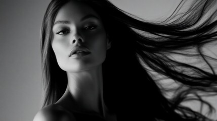 Naklejka premium Monochromatic Elegance: A Black and White Portrait of a Woman with Flowing Hair