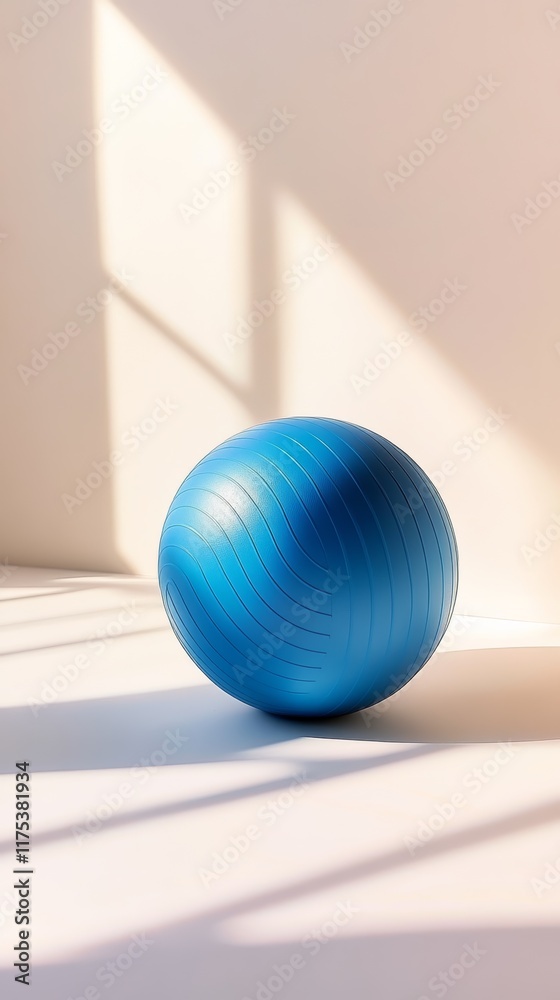 Poster blue fitness ball sits on the floor of a sunlit room, casting shadows from the window, creating a se