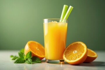 Fototapeta premium Fresh glass of orange juice with celery sticks floating in it , celery, healthy drink