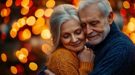 Close-up portrait of a senior couple, the man in a dark navy blue sweater, gently holding the chin of the woman in a soft yellow cardigan, with colorful red and gold bokeh lights behind them, romantic