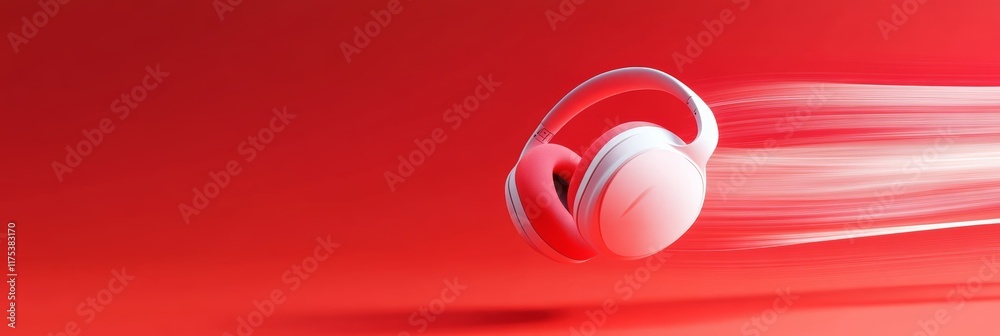 Poster white and red wireless headphones flying on a red background with white motion trails, representing 