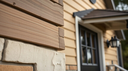 Fototapeta premium Brown Wood Siding and Beige Stone Exterior Detail