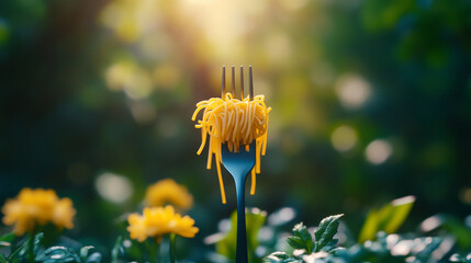 Fork with spaghetti placed among colorful flowers in a vibrant garden setting