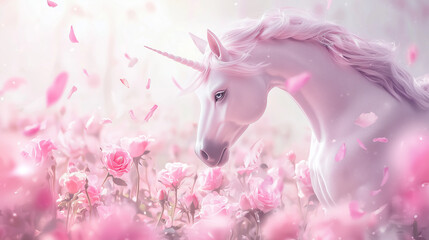 Fototapeta premium cute pink unicorn fairy on field with roses flowers