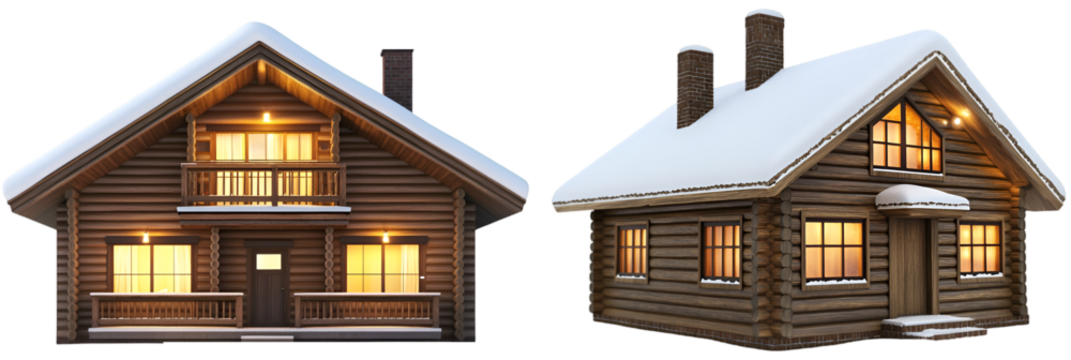 Scandinavian-Style Log House with Snowy Surroundings and Warm Interior Lights on transparent background