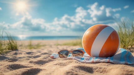 Obraz premium Sunny beach scene featuring a vibrant beach ball, colorful towel, and stylish sunglasses, perfect for a relaxing summer day.