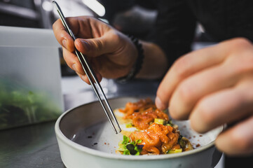 A chef's hands delicately arranging a gourmet dish with chopsticks. The plate features vibrant ingredients, showcasing culinary art in a professional kitchen setting. Perfect for food photography.