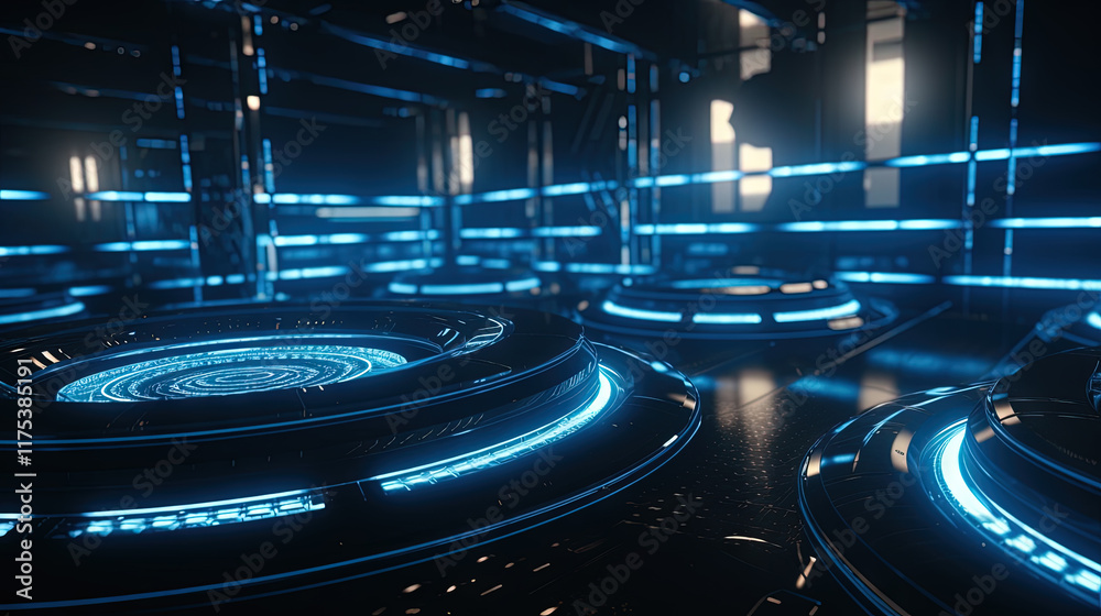 Poster Technology abstract background with hud styled round interface elements in neon tech light.