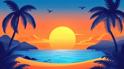 Obraz premium Serene Sunset Beach Scene With Palm Trees