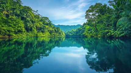 Serene Tropical Lake Reflected In Lush Green Foliage